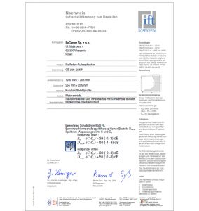 certyfikat izolacyjnosci akustycznej wydany przez Instytut IFT Rosenheim w Niemczech dla przykladowej skrzynki rolety